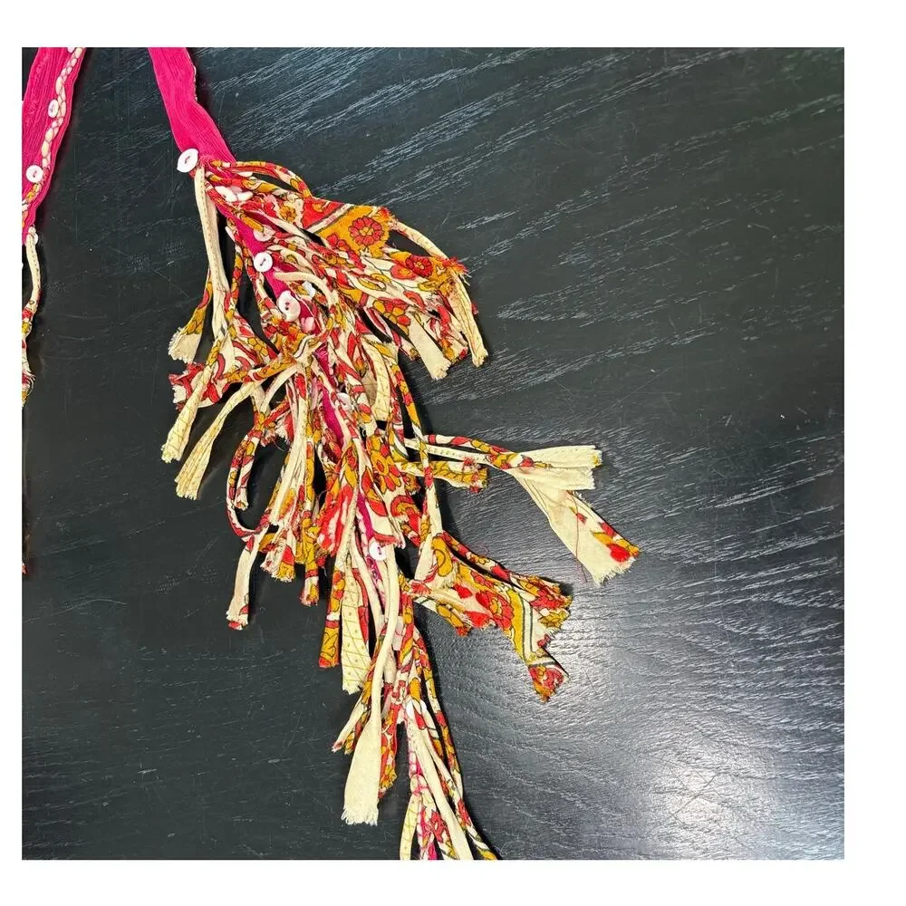 Vintage Boho Pink- Buttons- Skinny Neck scarf Rave- Y2K Fringe 72